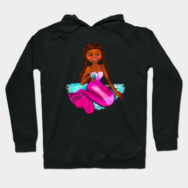 Anime mermaid holding a rare black pearl, brown eyes, Afro hair in two cane rows  and caramel brown skin - light background Hoodie by Artonmytee